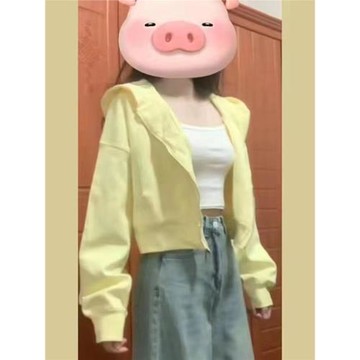 甜辣風正肩純棉短外套女秋冬新款小眾別致修身連帽短款加絨衛衣潮