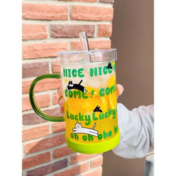 1000ml超大玻璃杯卡通高顏值吸管杯宿舍家用帶把喝水杯牛奶帶蓋杯