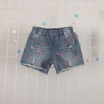 撤柜夏款童裝 女童藍色磨破彈力毛邊刺繡牛仔短褲熱褲