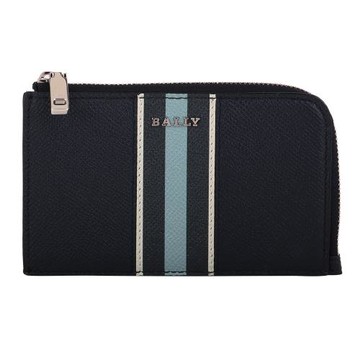 BALLY -金屬銀字藍白槓防刮皮革拉鍊零錢包(藍)