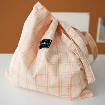 sobag粉色小清新格紋帆布手提單肩包女格子環保袋大容量通勤布袋