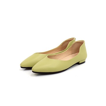 全真皮素面尖頭平底娃娃鞋 -芥末黃