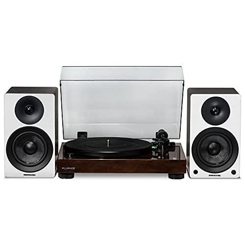 Fluance RT 81 Elite High Fidelity Vinyl Turntable (Walnut) with Ai 41 Powered 5"Stereo Bookshelf Speakers (White Walnut)、 Diamond Stylus, Belt D