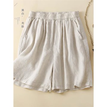 大牌專柜女裝外貿出口棉麻短褲女薄款顯瘦休閑褲純色亞麻闊腿褲子
