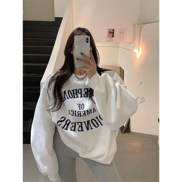 愛麗緹秋冬季美式復古慵懶風寬松休閑套頭加絨加厚圓領衛衣上衣女