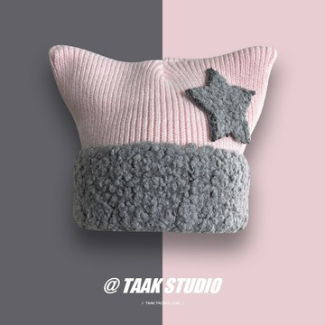 小清新可愛五角星貓耳朵毛線帽子女冬天韓版保暖套頭護耳針織帽潮