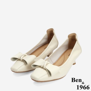 Ben&1966柔軟羊皮優雅蝴蝶結方頭跟鞋-米白(246153)