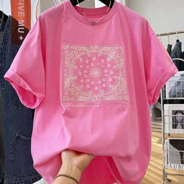 美式復古T恤女 上衣 T恤 打底衫 短袖上衣 短袖衫 美式復古新款夏季印花短袖t恤女150公斤大碼寬鬆百搭顯瘦打底衫上衣