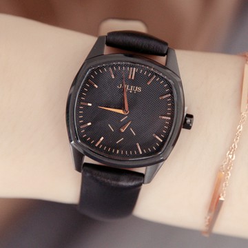 [鋼殼]正韓JULIUS方圓之中秒針顯示真皮對錶【WJS014】-黑面黑帶(小款)