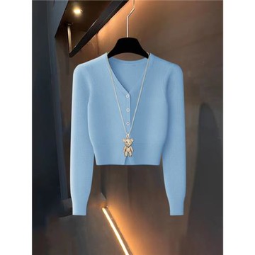 秋冬季高腰短款配吊帶裙外搭開衫V領百搭修身顯瘦外套上衣披肩女