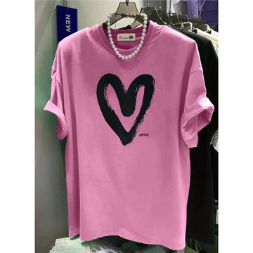 粉色純棉t恤女短袖寬松2026夏季新款愛心洋氣設計感小眾圓領上衣