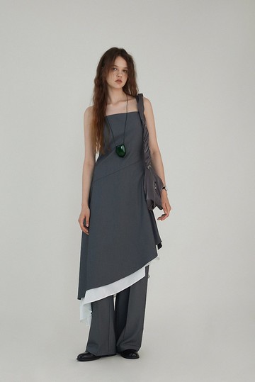 City 斜面拼接高腰連身裙 直筒寬褲