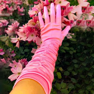 褶皺手套38cm絲綢緞面絲光面打褶芭比粉紅色晚宴會禮服婚紗二次元