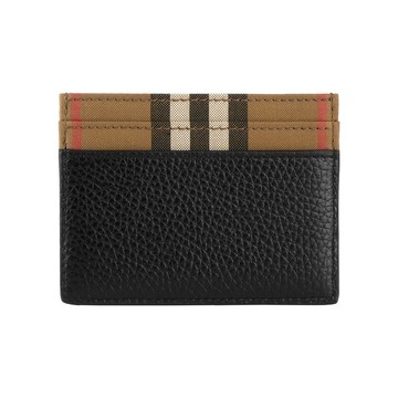 BURBERRY Sandon 皮革及格紋帆布4卡卡片夾/名片夾(黑色)