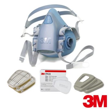 3M 7502矽膠雙罐式半面罩防毒面具x綜合濾毒罐套組(6006濾毒罐+5N11濾棉+501濾蓋)