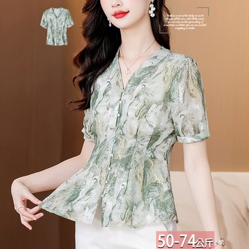 V領水墨印花珠釦收褶泡泡袖襯衫 L-3XL【205775X】【現+預】☆流行前線☆