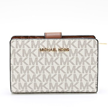 MICHAEL KORS 經典老花雙層中夾 防刮老花PVC塗層帆布 雙折錢包 長夾 皮夾 M75312 白色MK(現貨)▶指定Outlet商品5折起☆現貨【送禮首選★APP下單點數4倍送】
