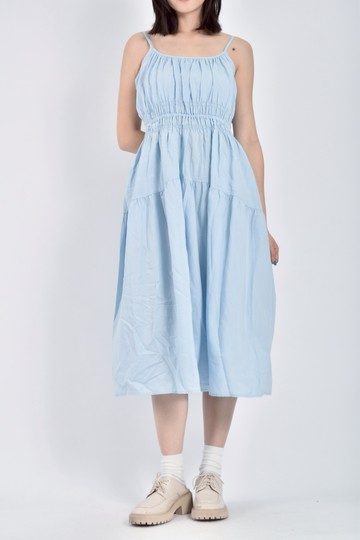 (L) uniqlo質感吊帶鬆緊腰藍色洋裝