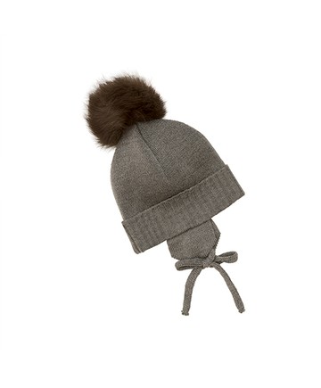 素面深褐色羊毛針織毛帽(遮耳綁帶)0-1m