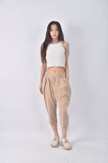 (M) initial高腰寬鬆杏色長褲