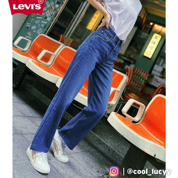 Levis 女款 Ribcage復古超高腰排釦直筒牛仔長褲 / 精工深藍染石洗 / 天絲棉 / 褲管裁剪 / 及踝款