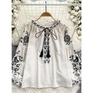 民族風復古重工刺繡系帶流蘇圓領寬松顯瘦減齡泡泡袖上衣女度假衫