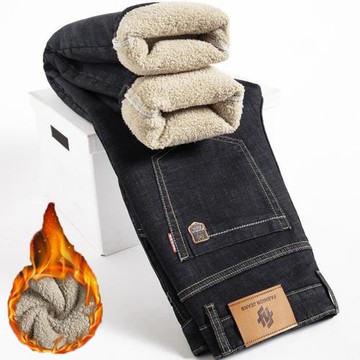 加絨加厚牛仔褲男款寬松直筒長褲2023新款中年棉彈秋冬季保暖跨境