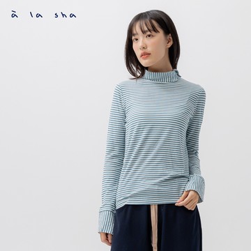 a la sha 反折領條紋長袖上衣