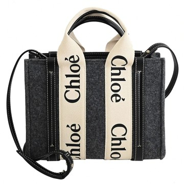 CHLOE Woody 經典LOGO織帶毛絨兩用手提斜背包.深灰 小