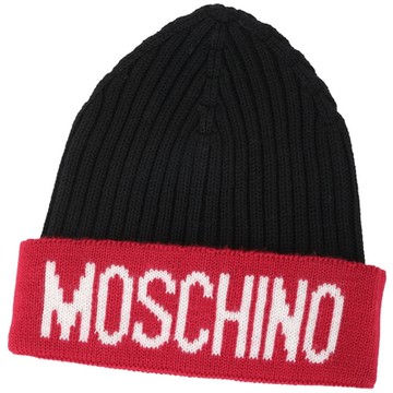 MOSCHINO 字母反摺羅紋拚色羊毛帽 針織帽(黑x紅)
