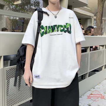 美式潮牌假兩件短袖T恤男韓版潮流寬鬆情侶夏裝圓領毛巾繡上衣服