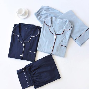 新款 日式針織純棉睡衣春秋季男士開衫情侶套裝 家居服女長袖簡約