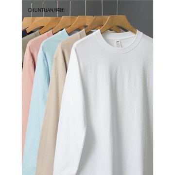 260G重磅新疆純棉長袖t恤男春季寬松圓領衛衣內搭純白色打底衫女