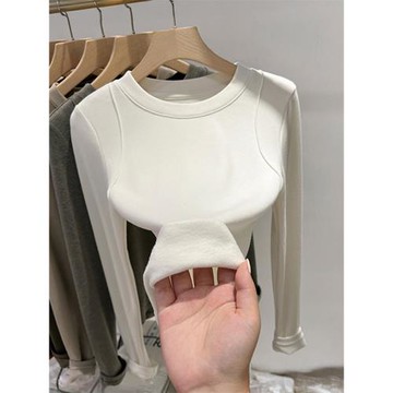 白色內搭打底衫女秋冬磨毛t恤加絨加厚圓領莫代爾保暖長袖上衣女