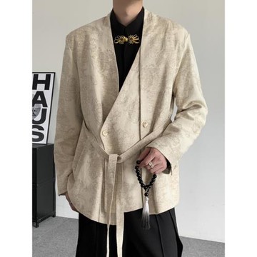 新中式法式復古提花西裝外套男女同款高級設計感綁定V領西服春秋