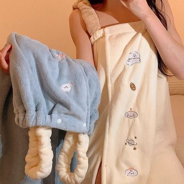 超吸水浴巾 可穿浴巾 洗澡浴巾可爱法棍面包小狗吊带浴裙女浴袍女家用洗澡浴巾可穿可裹吸水速干 可穿式浴巾 犬