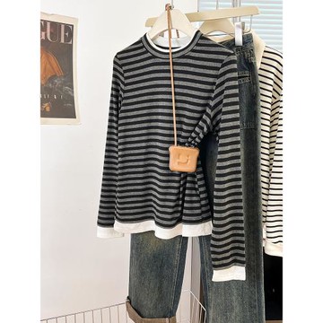 黑白條紋假兩件長袖t恤女春秋設計感小眾顯瘦寬松打底衫內搭上衣