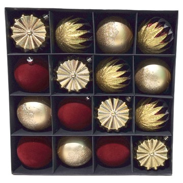 植絨古典聖誕球 16個  8cm  金色 + 紅色  1組