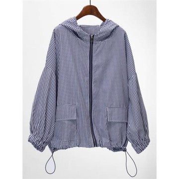 歐美風時尚新款亞馬遜跨境爆款經典格紋寬松型連帽拉鏈款長袖外套