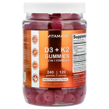 Vitamatic, D3 + K2 軟糖，天然樹莓味，240 粒