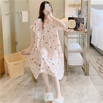 【韓國K.W.】韓國空運天使光環棉麻居家洋裝裝(居家服/家居服/睡衣/睡裙/涼感睡衣)淺粉小熊