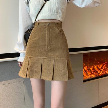 大碼胖mm黑色燈芯絨半身裙女高腰百褶裙秋季2025年a字魚尾包臀裙