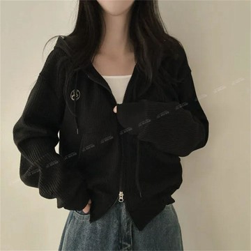 『ATC』小個子秋裝女黑色寬鬆拉鍊開衫外套上衣服韓版連帽薄款華夫格衛衣女春秋