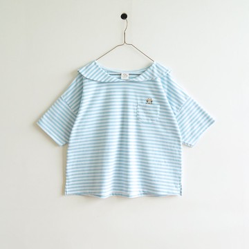 貓咪口袋小斗篷領T恤：藍色 × 白色