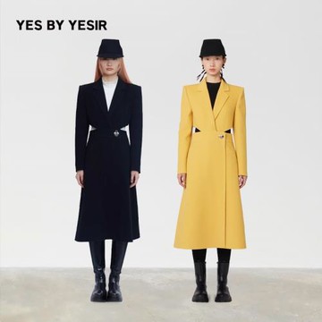 YES BY YESIR葉謙原創設計羊毛高級氣質黑色小腰精長款大衣
