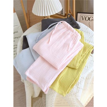 棉紗睡褲女長褲春秋純棉雙層紗布薄直筒褲寬松夏季全棉縐布家居褲