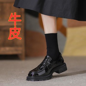 小皮鞋女2025年春秋季新款英倫風真皮平底厚底增高加絨黑色樂福鞋