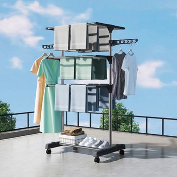 AOTTO 多功能三層附輪折疊曬衣架(晾衣架 曬衣架 毛巾架 寶寶曬衣)