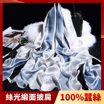 I.Dear-100%蠶絲歐美圖騰印花緞面長絲巾披肩(藍條馬車)