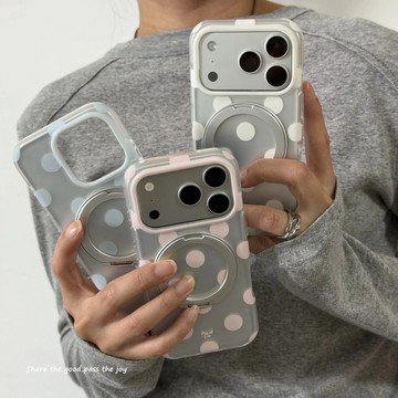 高級銀粉藍波點一體旋轉支架適用磁吸殼 iphone17promax手機殼16 15 14 13 蘋果防摔保護殼 不撞款